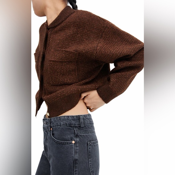 Mng Bomber Cardigan In Dark Brown Size Medium - Picture 3 of 7